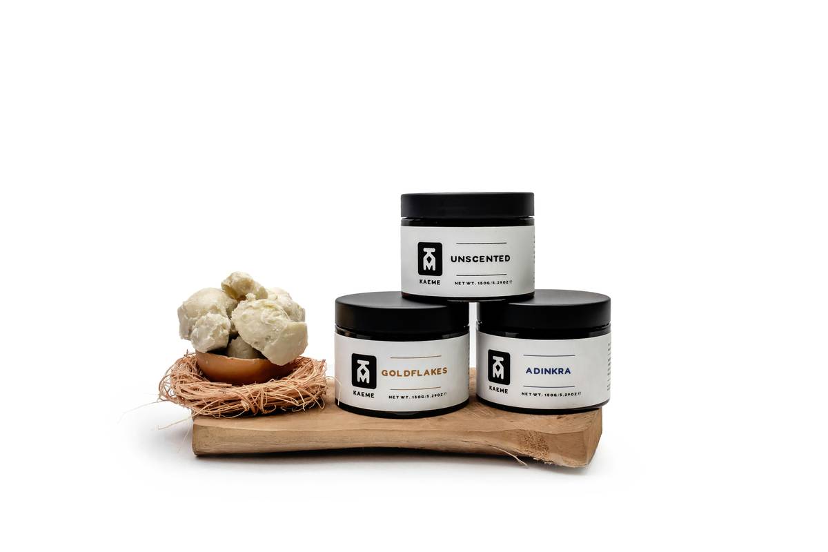 Kaeme Shea Souffle. In this photo is Kaeme Goldflakes Shea, Kaeme Adinkra Shea and Kaeme Unscented Shea
